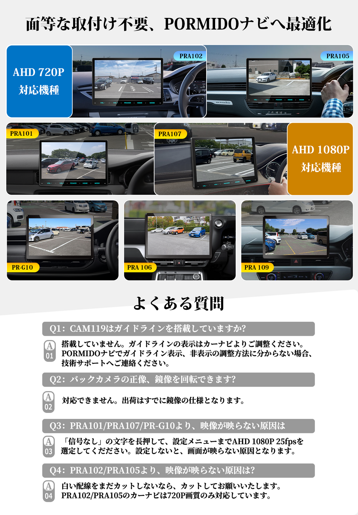 CAM119 AHD1080P バックカメラ 25fps|720P切替・IP68防水 PORMIDO