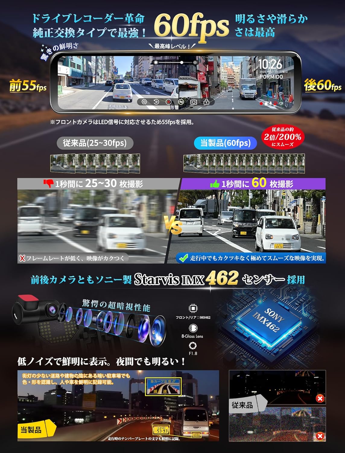 PRD8XC 前後カメラ60fps・純正交換型ドライブレコーダー PORMIDO(ポーミド)