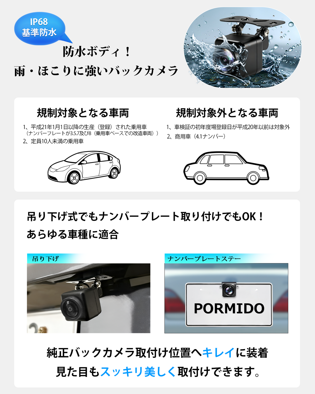 CAM119 AHD1080P バックカメラ 25fps｜720P切替・IP68防水 PORMIDO
