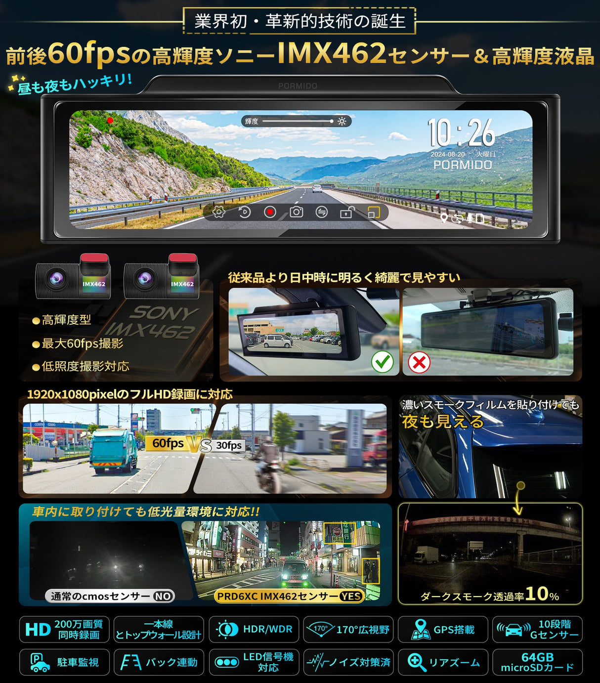 PRD6XC·PRD6X前後カメラとも高輝度センサー「最大60FPS対応」ミラー型 ドライブレコーダー PORMIDO