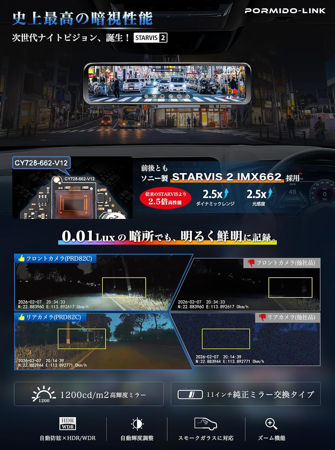 PRD82C   11インチ1200cd/m2爆光液晶純正交換型ドライブレコーダー