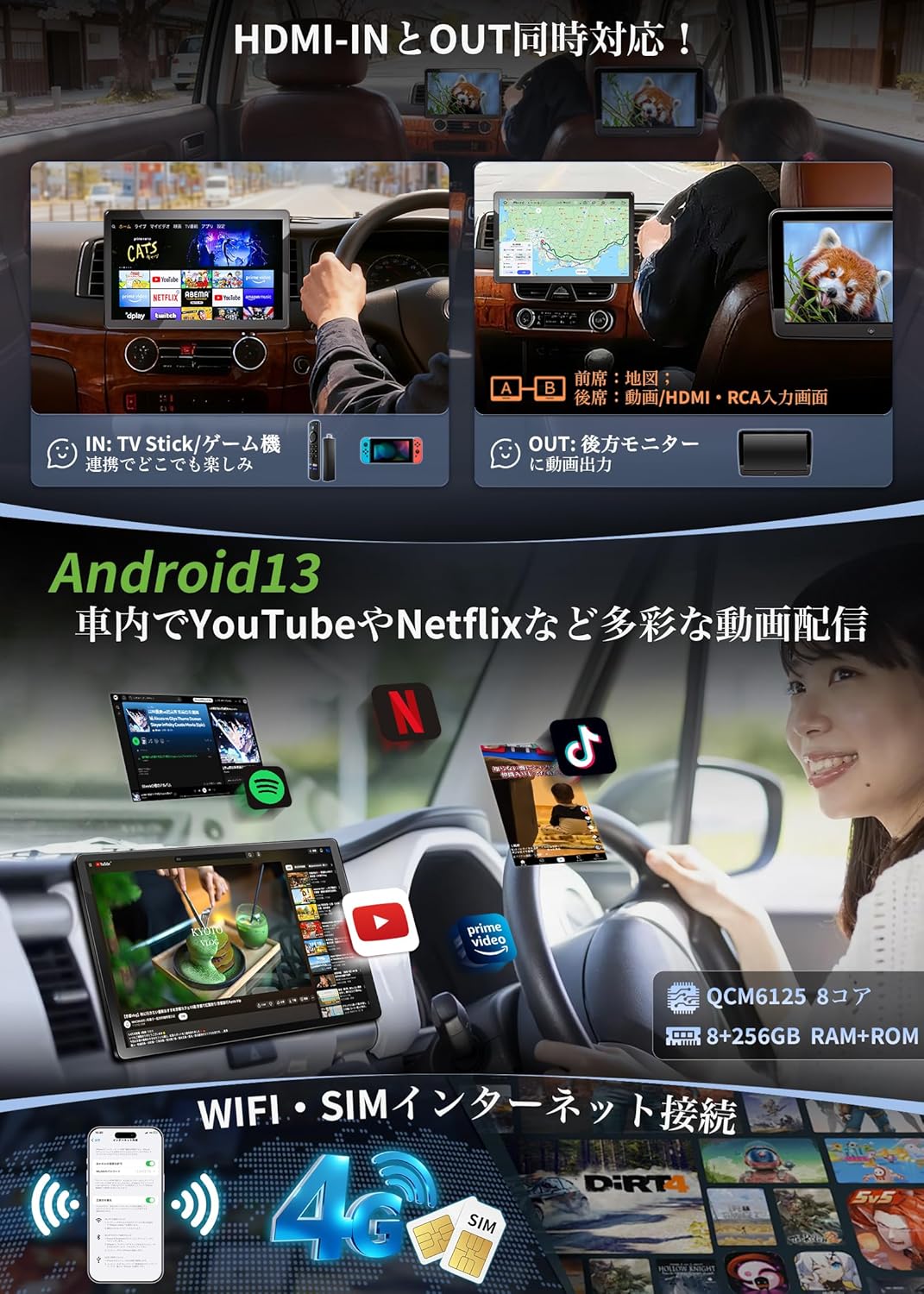 PRA109B 【最新HDMI入出力増設】13.3インチ Androidカーナビ PORMIDO