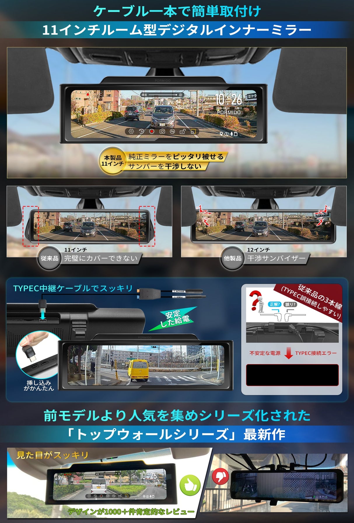 PRD6XC·PRD6X前後カメラとも高輝度センサー「最大60FPS対応」ミラー型 ドライブレコーダー PORMIDO