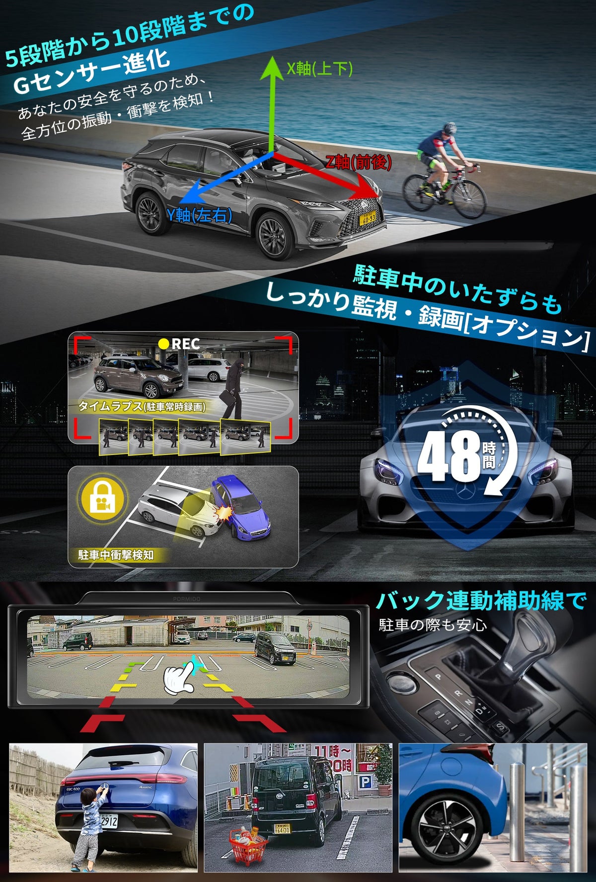 PRD6XC·PRD6X前後カメラとも高輝度センサー「最大60FPS対応」ミラー型 ドライブレコーダー PORMIDO