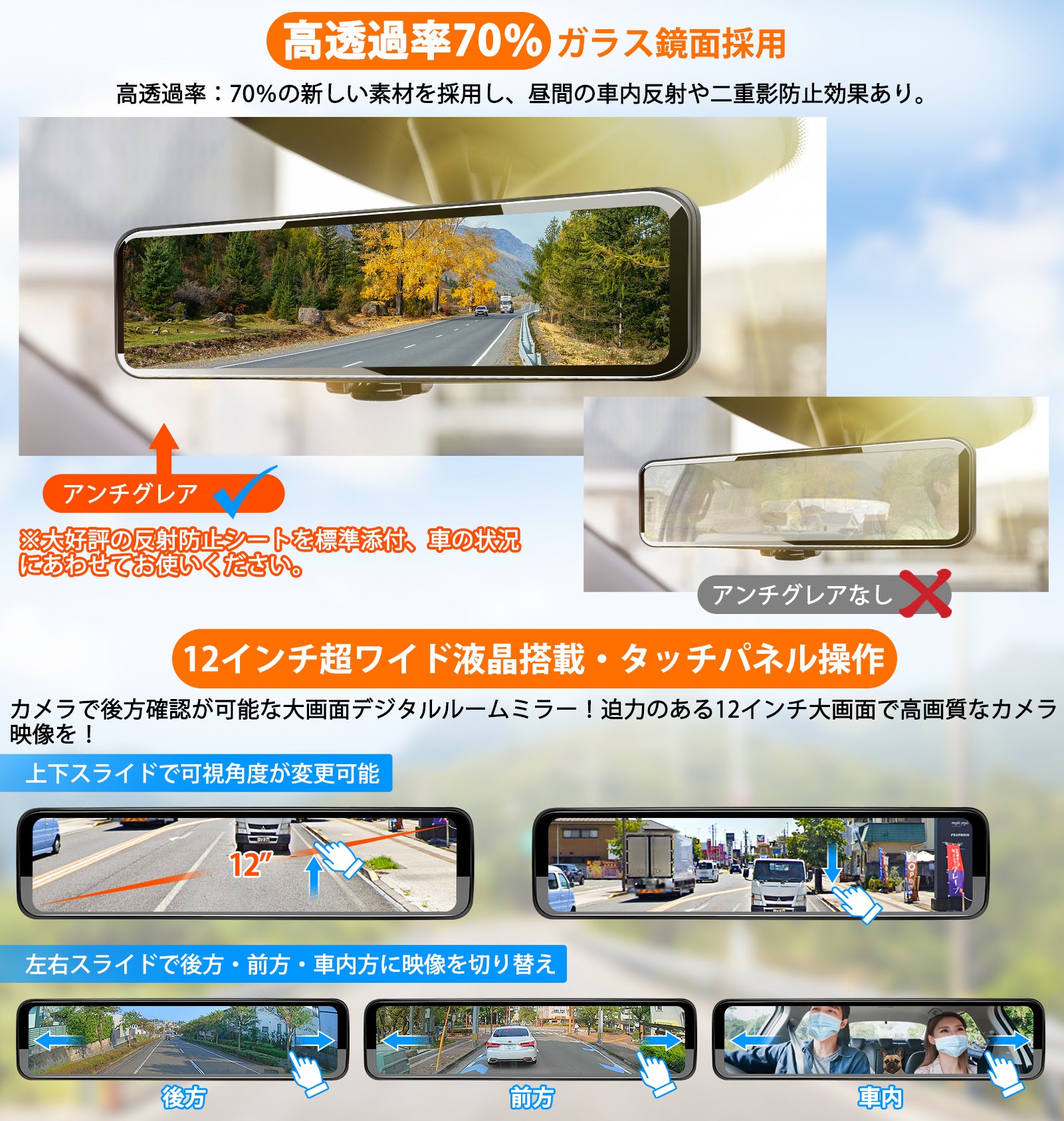 ドライブレコーダー ミラー型 12インチ 大画面 前後方向 - 車内アクセサリ