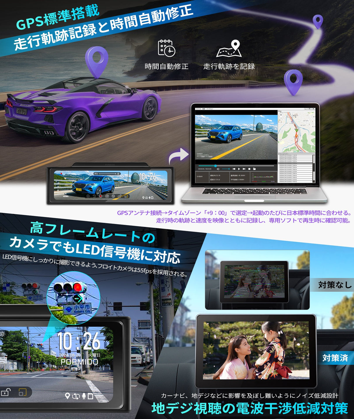 PRD6XC·PRD6X前後カメラとも高輝度センサー「最大60FPS対応」ミラー型 ドライブレコーダー PORMIDO