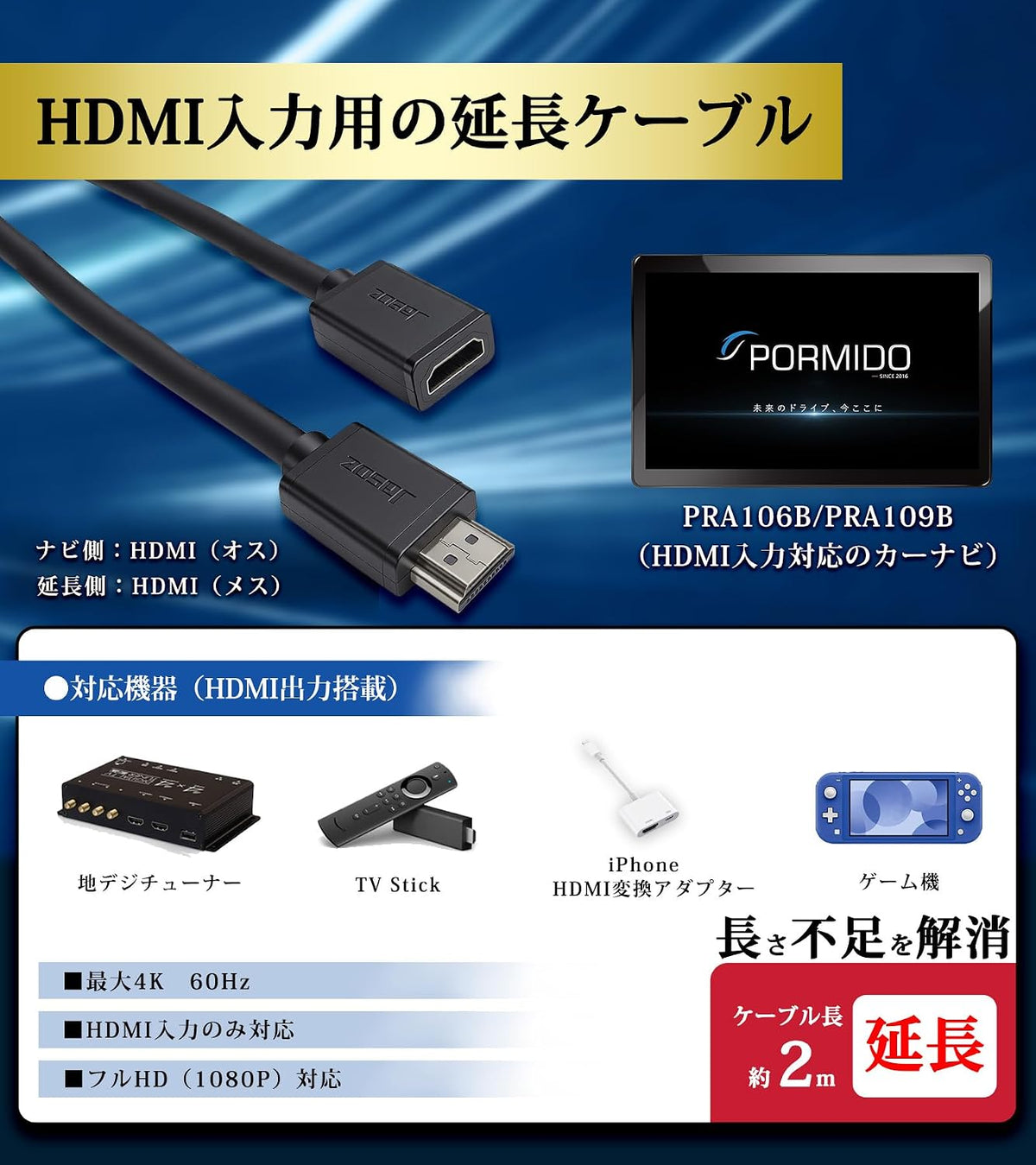 PORMIDO PRMT23 2m HDMI入力(HDMI-IN)延長ケーブル